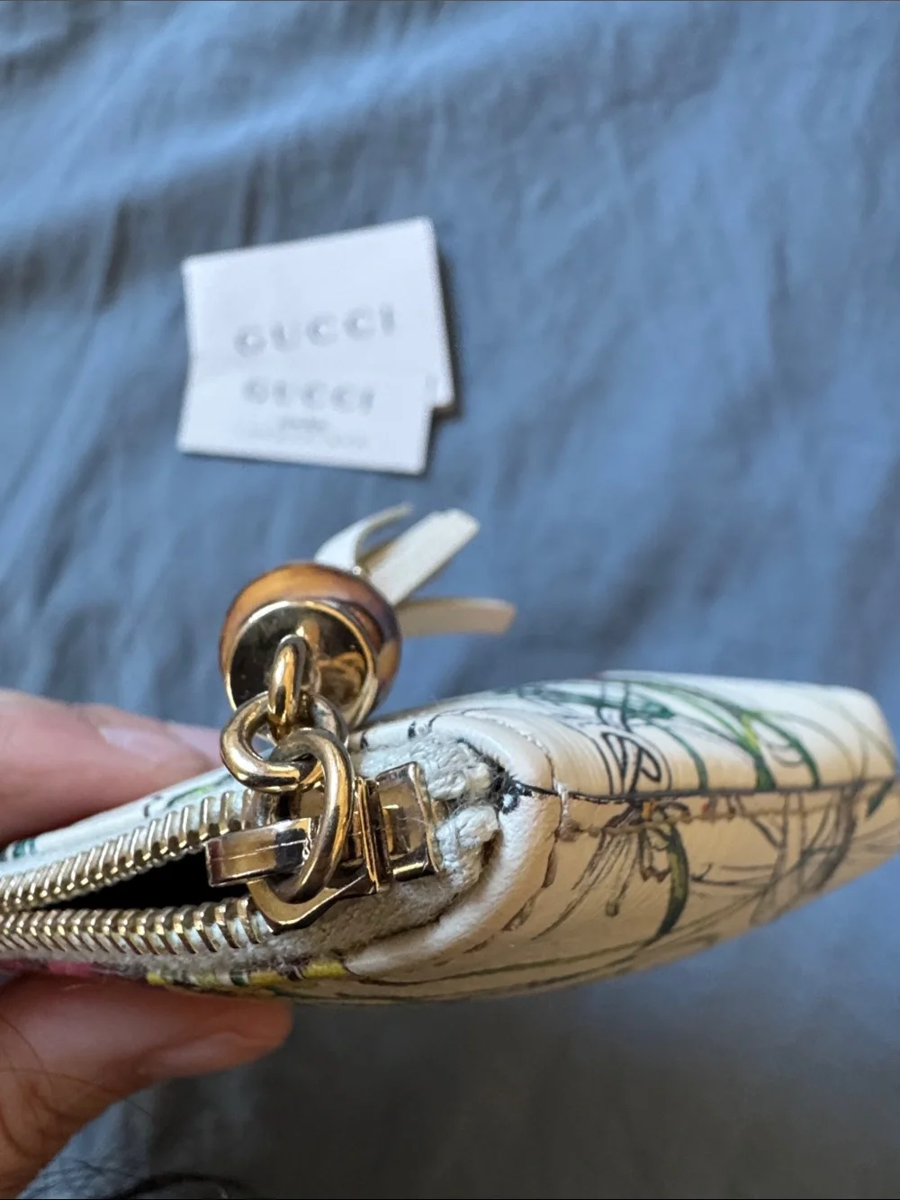 Gucci White Floral & Butterfly Zip Pouch with Tassel
